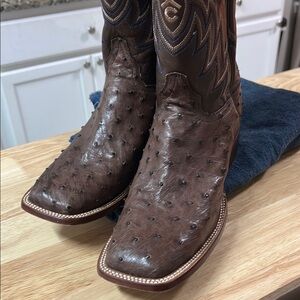 Full Quill Bruchiata Ostrich Square Toe Boots Mocha Brown